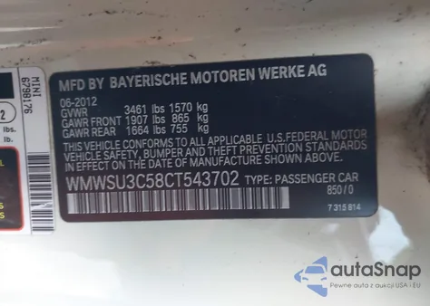 2012 Mini Cooper from USA, damaged, VIN WMWSU3C58CT543702